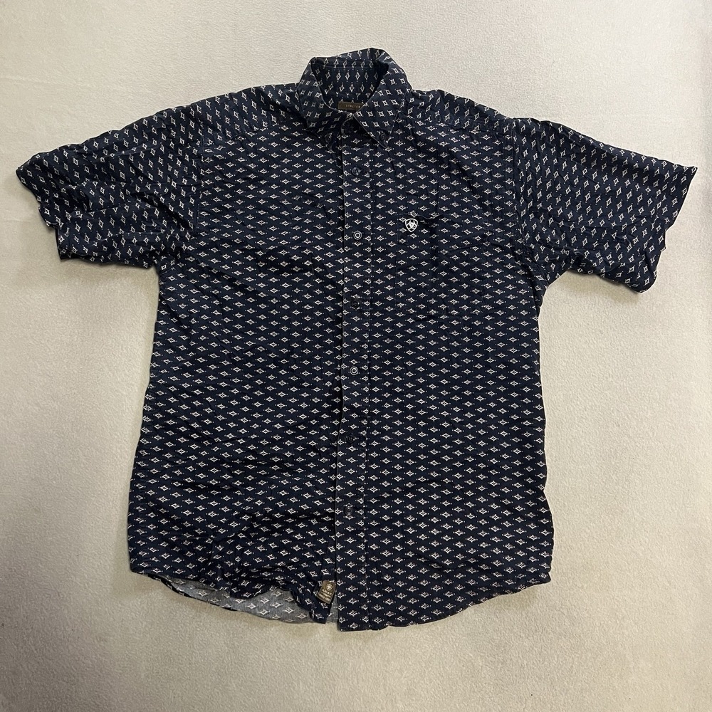 Ariat Shirt Men's Small Stretch Geometric Print Cotton Short Sleeve Button-Up